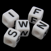 Koraliki akrylowe alfabet, Akryl, Kostka, mieszane wzór & z listu wzór & solidny kolor, biały, 8x8mm, otwór:około 3mm, około 1660komputery/torba, sprzedane przez torba