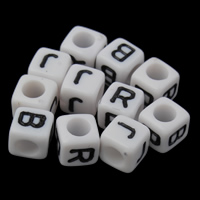 Alphabet Acryl Kralen, Kubus, verschillende ontwerpen voor de keuze & met brief patroon & effen kleur, wit, 6x6mm, Gat:Ca 3mm, Ca 2500pC's/Bag, Verkocht door Bag