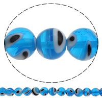 Perles de Murano Evil Eye, chalumeau, Rond, fait à la main, motif de mauvais œil, bleu, 10mm, Trou:Environ 1mm, Longueur Environ 13.7 pouce, 10Strandstoron/sac, Environ 35PC/brin, Vendu par sac