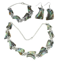 Abalone Shell Jewelry Set, bracelet & earring & necklace, with Brass, platinum color plated, 38-47x19-23x2-4mm, 33-44x19-26x6-6.5mm, 23x39x3mm, 56mm,4mm, Length:Approx 20 Inch, Approx 7.5 Inch, 2Sets/Lot, Sold By Lot