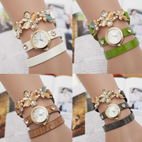 Wrap Watch Zinc Alloy with PU Leather & Cats Eye & Crystal & Glass gold color plated adjustable &  & with rhinestone nickel lead & cadmium free Length Approx 22.8 Inch Sold By Lot