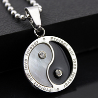 Stainless Steel Pendants, with Shell, Flat Round, Protect our love forever, ying yang & enamel & with rhinestone, original color, 20mm, Hole:Approx 3mm, 2PCs/Lot, Sold By Lot