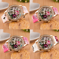 Women Wrist Watch, Tibetan Style, with PU Leather & Glass, plated, adjustable & with flower pattern & with rhinestone, more colors for choice, nickel, lead & cadmium free, 40mm, 20mm, Length:Approx 9.4 Inch, 10PCs/Lot, Sold By Lot