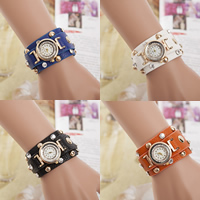 Women Watch Bracelet, Tibetan Style, with PU Leather & Glass, gold color plated, adjustable & with rhinestone & 2-strand, more colors for choice, nickel, lead & cadmium free, 30mm, 20-50mm, Length:Approx 12 Inch, 10PCs/Lot, Sold By Lot