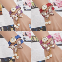 Wrap Watch, Tibetan Style, with Resin Pearl & PU Leather & Glass, Butterfly, gold color plated, adjustable & with rhinestone & 2-strand, more colors for choice, nickel, lead & cadmium free, 25mm, 10mm, Length:Approx 15.7 Inch, 10Strands/Lot, Sold By Lot