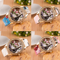女性の腕時計, 亜鉛合金, とともに PU革(ポリ塩化ビニール、ポリウレタン) & ガラス, メッキ, 調節の可能性がある & 花のパターンを持つ & ライン石のある, 無色, ニッケル、鉛、カドミウムフリー, 40mm, 20mm, 長さ 約 9.4 インチ, 10パソコン/ロト, 売り手 ロト