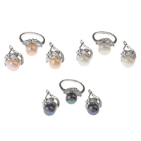 Natural Cultured Freshwater Pearl Jewelry Sets, finger ring & earring, Brass, with pearl, Flat Round, platinum color plated, with cubic zirconia, more colors for choice, nickel, lead & cadmium free, 10-11mm, US Ring Size:7.5, Sold By Set