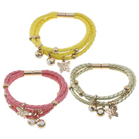 PU Leather Cord Bracelets, Stainless Steel, with PU Leather, Butterfly, gold color plated, 3-strand & enamel & with rhinestone, more colors for choice, 20x7mm, 5x7mm, 4mm, 10x14x10mm, 14.5x14x2mm, Length:Approx 7.5 Inch, 5Strands/Lot, Sold By Lot