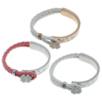 PU Leather Cord Bracelets, Stainless Steel, with Rhinestone Clay Pave & PU Leather, Four Leaf Clover, plated, enamel & 2-strand, more colors for choice, 10mm, 4mm, 3.5x9x7mm, 13.5x13.5x3mm, Length:Approx 6.5 Inch, 5Strands/Lot, Sold By Lot
