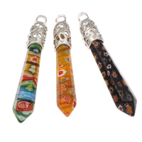 Millefiori Glass, with Tibetan Style bail, pendulum, platinum color plated, more colors for choice, 10x64mm-12x68mm, Hole:Approx 4x5mm, 20PCs/Bag, Sold By Bag