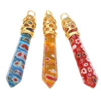 Millefiori Glass, with Tibetan Style bail, pendulum, gold color plated, more colors for choice, 10x64mm-12x68mm, Hole:Approx 4x5mm, 20PCs/Bag, Sold By Bag