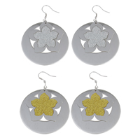 Stainless Steel Drop Earring Flat Round with flower pattern & stardust Sold By Pair