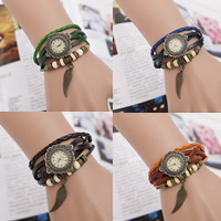 Wrap Watch, Tibetan Style, with PU Leather & Cowhide & Glass & Wood, Wing Shape, antique bronze color plated, adjustable & 3-strand, more colors for choice, nickel, lead & cadmium free, 30mm, 6mm, Length:Approx 8.6 Inch, 20Strands/Lot, Sold By Lot