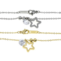 Edelstahl Schmuck Halskette, mit kubischer Zirkonia, Stern, plattiert, Oval-Kette, keine, 12x15x1.5mm, 7x5mm, 4mm, 1.5mm, Länge:ca. 17 ZollInch, 3SträngeStrang/Menge, verkauft von Menge