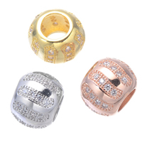 Cubic Zirconia Micro Pave Brass European Beads, Drum, plated, micro pave cubic zirconia & without troll, more colors for choice, nickel, lead & cadmium free, 10mm, Hole:Approx 4.9mm, 5PCs/Lot, Sold By Lot
