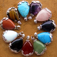 Gemstone Pendants Jewelry, with Tibetan Style, Teardrop, platinum color plated, natural & different materials for choice, nickel, lead & cadmium free, 22x45mm, Hole:Approx 3mm, 10PCs/Lot, Sold By Lot