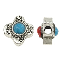 Buddha Beads, Brass, with Turquoise, Flower, antique silver color plated, double-sided, nickel, lead & cadmium free, 12.50x12.50x10mm, Hole:Approx 3mm, 30PCs/Lot, Sold By Lot