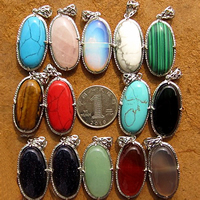 Gemstone Pendants Jewelry with Zinc Alloy Flat Oval platinum color plated natural nickel lead & cadmium free Approx 2mm Sold By Lot