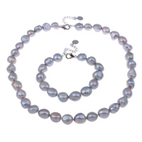 Naturliga Odlade Sötvatten Pearl Jewelry Sets, armband & halsband, Freshwater Pearl, mässing Karbinlås, Ris, grå, 11-12mm, Längd 16.5 inch,  7 inch, Säljs av Ställ