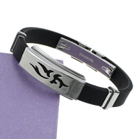 Bracelet homme, acier inoxydable, avec silicone, noire, 10mm, 38x16x6mm, Longueur:Environ 7.5 pouce, 12Strandstoron/lot, Vendu par lot