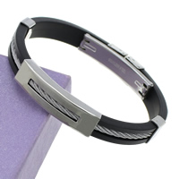 Bracelet homme, acier inoxydable, avec silicone, noire, 9mm, 38x11x5mm, Longueur:Environ 7.3 pouce, 12Strandstoron/lot, Vendu par lot