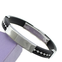 Bracelet homme, acier inoxydable, avec silicone, noire, 9mm, 38x10x5mm, Longueur:Environ 7.5 pouce, 12Strandstoron/lot, Vendu par lot