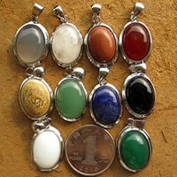 Gemstone Pendants Jewelry, with Tibetan Style, Flat Oval, platinum color plated, natural & different materials for choice, nickel, lead & cadmium free, 17x34mm, Hole:Approx 3mm, 10PCs/Lot, Sold By Lot
