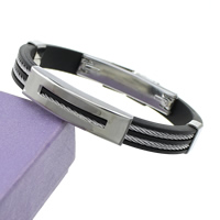Bracelet homme, acier inoxydable, avec silicone, noire, 9mm, 38x10x5mm, Longueur Environ 7.3 pouce, 12Strandstoron/lot, Vendu par lot