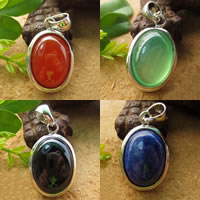 Gemstone Pendants Jewelry, with Tibetan Style, Flat Oval, silver color plated, natural & different materials for choice, nickel, lead & cadmium free, 16x32mm, Hole:Approx 3mm, 10PCs/Lot, Sold By Lot