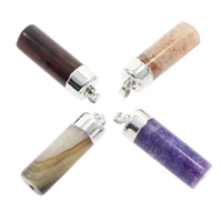 Agate Jewelry Pendants, Mixed Agate, with brass bail, Tube, platinum color plated, natural, mixed colors, 13x39mm-14x45mm, Hole:Approx 3.5mm, 20PCs/Bag, Sold By Bag