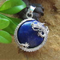 Natural Lapis Lazuli Pendants with Zinc Alloy Flat Round silver color plated Approx 3mm Sold By Lot