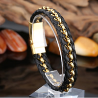 Men Bracelet, Stainless Steel, with PU Leather, real gold plated, for man, 13mm, Sold Per Approx 8.4 Inch Strand
