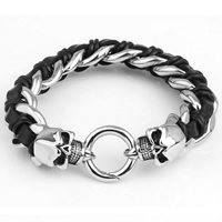 Men Bracelet, Stainless Steel, with PU Leather, Skull, for man & blacken, 16mm,20mm, Sold Per Approx 8.6 Inch Strand