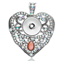 Snap Button Pendant, Brass, Heart, antique silver color plated, with rhinestone, nickel, lead & cadmium free, 58x49x54mm, Hole:Approx 6mm, Inner Diameter:Approx 6mm, Sold By PC
