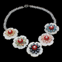 Süßwassermuschel Halskette, mit Perlen & Kristall, Messing Federring Verschluss, Blume, natürlich, facettierte, 6x8mm, 43x17mm, verkauft per ca. 15.5 ZollInch Strang