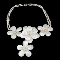 Freshwater Shell Necklace, with pearl, brass spring ring clasp, Flower, natural, 2-strand, 5-6mm, Sold Per Approx 14 Inch Strand