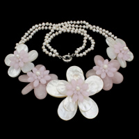 Freshwater Shell Necklace, with pearl & Rose Quartz, brass spring ring clasp, Flower, natural, 2-strand, 4-5mm, 65x24mm, Sold Per Approx 17 Inch Strand