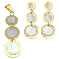 Fashion Stainless Steel Jewelry Sets, pendant & earring, with White Shell, Flat Round, gold color plated, natural, 18x53x2mm, 13x33x13mm, Hole:Approx 5x8mm, 5Sets/Lot, Sold By Lot