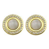Stainless Steel Stud Earrings with Cats Eye Flat Round gold color plated with rhinestone Sold By Lot