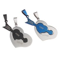 Stainless Steel Couple Pendants, Heart, word love you, plated, for couple, mixed colors, 13x40x1.5mm, 27x34x1.5mm, Hole:Approx 4x8mm, 20Pairs/Bag, Sold By Bag