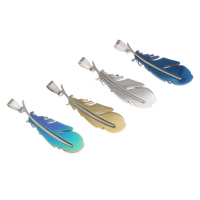 Stainless Steel Pendants, Feather, plated, mixed colors, 16x48x2mm, Hole:Approx 4x8mm, 20PCs/Bag, Sold By Bag
