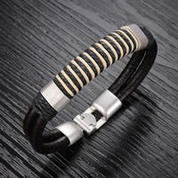 Men Bracelet PU Leather with Linen & Zinc Alloy antique silver color plated for man black 10mm Length Approx 8 Inch Sold By Bag