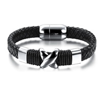 Men Bracelet, PU Leather, with Titanium Steel & Linen, for man, black, 16mm, Length:Approx 7.5 Inch, 3Strands/Bag, Sold By Bag