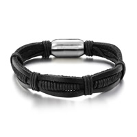Men Bracelet, Cowhide, with Linen, titanium steel magnetic clasp, for man, black, 12mm, Length:Approx 7.5 Inch, 3Strands/Bag, Sold By Bag
