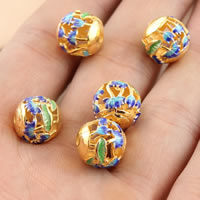 Cloisonne Beads, Round, real gold plated, hollow, lead & cadmium free, 11mm, Hole:Approx 1.5mm, Sold By PC