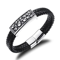 Men Bracelet PU Leather with Titanium Steel Rectangle with skull pattern & for man & blacken black 16mm Length Approx 8 Inch Sold By Bag
