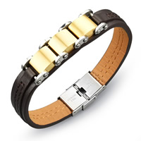 Men Bracelet, PU Leather, with Titanium Steel, plated, for man, brown, 12mm, Length:Approx 8 Inch, 3Strands/Bag, Sold By Bag