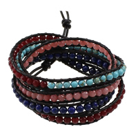 Wrap Bracelet, Gemstone, with Waxed Cotton Cord, brass clasp, platinum color plated, adjustable & 5-strand, nickel, lead & cadmium free, 7x4mm, Length:34-35.5 Inch, 3Strands/Lot, Sold By Lot