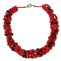 Natural Coral Necklace, with Crystal, brass spring ring clasp, 5-strand & faceted & two tone, 6mm, Sold Per Approx 18.5 Inch Strand