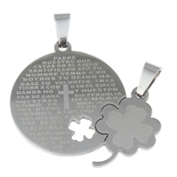 Stainless Steel Couple Pendants, Four Leaf Clover, with letter pattern & for couple, original color, 14x22x1mm, 26x29x1mm, Hole:Approx 2.5x6mm, 10Pairs/Bag, Sold By Bag